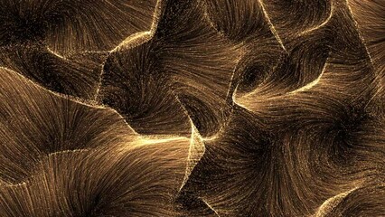 Wall Mural - flying gold wave lines with particles flash on black background.