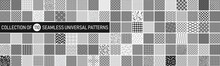 Collection Of Vector Seamless Geometric Ornament Patterns In Difrent Styles. Monochrome Repeatable Backgrounds. Endless Black And White Prints, Textile Textures