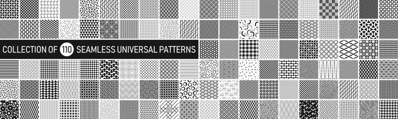 Collection of vector seamless geometric ornament patterns in difrent styles. Monochrome repeatable backgrounds. Endless black and white prints, textile textures
