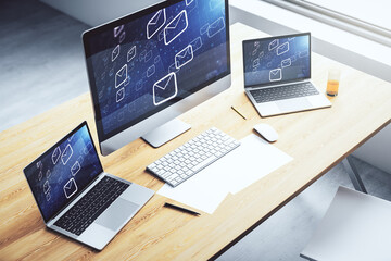 Poster - Creative abstract postal envelopes hologram on modern computer monitor, email and notification concept. 3D Rendering