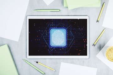 Aufkleber - Modern digital tablet screen with abstract graphic fingerprint sketch, fingerprint scan data concept. Top view. 3D Rendering