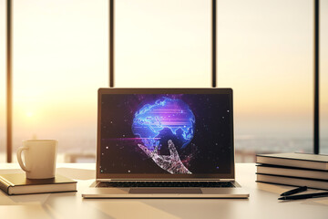Poster - Modern computer display with abstract graphic world map, big data and networking concept. 3D Rendering