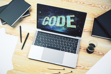 Aufkleber - Creative Code word sign on modern computer monitor, international software development concept. 3D Rendering