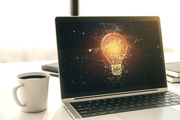 Poster - Modern computer monitor with creative light bulb hologram, research and development concept. 3D Rendering