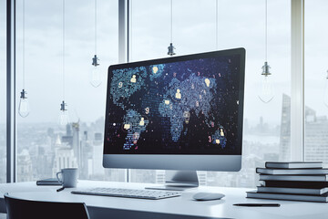 Poster - Modern computer monitor with social network icons concept with world map. Marketing and promotion concept. 3D Rendering