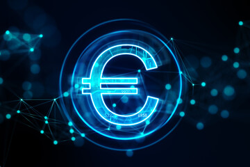 Poster - Creative glowing euro hologram on dark backround. Futuristic hi-tech digital money and electronic economy of the future concept. 3D Rendering.