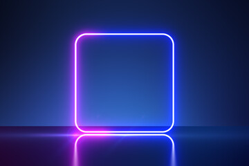 Wall Mural - Neon bright colors illuminated soft square frame with space for your logo or text on blank dark blue wall background. 3D rendering, mock up
