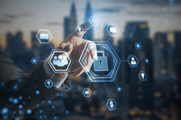 Poster - Close up of man hand using abstract glowing padlock hologram on blurry city background. Secure web and protection concept. Double exposure.