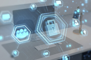 Poster - Close up of office workplace with computer monitor and abstract glowing padlock hologram on blurry city background. Secure web and protection concept. Double exposure.
