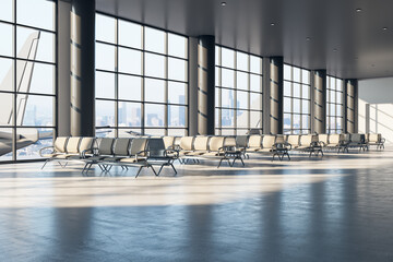 Poster - Business travel and avia concept with perspective view on light empty seat rows in sunlit spacious waiting area hall with huge panoramic windows and concrete floor. 3D rendering