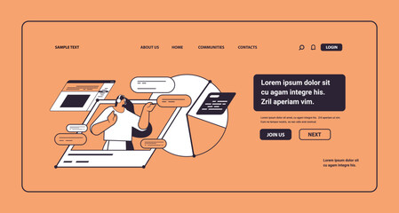 Poster - businesswoman in headset answering messages and calls analyzing statistics diagram technical support concept