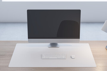 Aufkleber - Close up of wooden office desk with empty computer monitor and rfeflections, lamp and keyboard on blurry background. 3D Rendering.