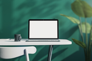 Poster -  office desktop with empty white laptop screen with mock up place in frame, green wall background with sunlight and shadows, blurry decorative plant and coffee cup. 3D Rendering.
