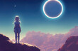standing girl on a hill on a sci fi planet, big moon