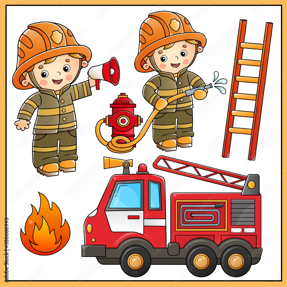 Cartoon fire truck with a firefighter or fireman. Fire extinguishing ...
