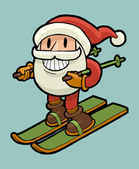 Wall Mural - Santa ski. Cute Santa Claus big head character smiling and riding skis isolated.