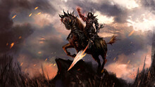 A Demonic Horseman With A Huge Fiery Sword In Epic Black Armor Rides A Horse In Armor On The Battlefield, He Is A Reaper. The Sky Is Covered With Clouds, Sparks Fly In The Air And Fire Burns. 2D Art