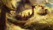 Epic Viking dragon boats sail through the raging sea in bright sunlight. waves are beating against ships, and heroic warriors in helmets with horns are standing on the deck. they are traveling. 2D art