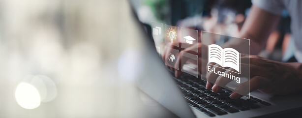 Fototapete - Concept of Online education. man use Online education training and e-learning webinar on internet for personal development and professional qualifications. Digital courses to develop new skills.