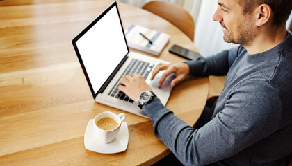 Wall Mural - a freelancer working from home on the laptop. hands are on keyboard.