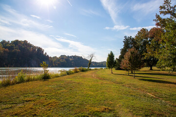 Wall Mural - a gorgeous autumn landscape at Sequoyah Park along the Tennessee River with red and yellow autumn trees and lush green trees and grass and blue sky with clouds in Knoxville Tennessee USA