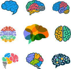 Intellectual brain signs. Mental game icons head nerve health and creative company concept symbols