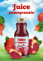 Poster - Pomegranate juice. Ads promotional placard with juice liquid healthy products in bottle decent vector pomegranate pictures for poster