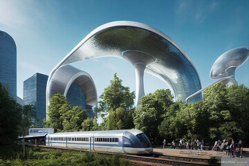 futuristic city skyline, organic design, train station, skyscraper, parks, green environment, concept art illustration