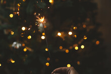 Happy New Year! Burning Sparkler In Female Hand On Background Of Christmas Tree Lights In Dark Room. Atmospheric Celebration. Hand Holding Firework Against Stylish Decorated Tree With Illumination