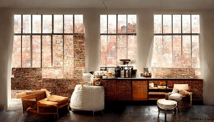 Scandinavian loft style  minimal cafe interior illustration design