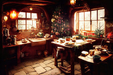 Cozy Rustic Wooden Log Cabin House Interior, Christmas Decoration, Candles, Warm Lights, Merry Christmas