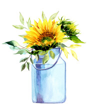Rustic Metallic Can With Sunflowers Bouquet - Watercolor Illustration. Hello Autumn Hand Drawn Illustration Isolated On White Background. Picture For A Postcard, Souvenir, Decor, Logo, Branding. 