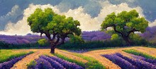 Beautiful Serene Countryside Scene - Lush Organic Green Grass, Vibrant Lavender Spring Colors. Old Apple Trees And Gorgeous Epic Background Late Afternoon Clouds. Rural Pastel Stylized Illustration