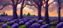 Beautiful Serene Countryside Scene - Lush Organic Green Grass, Vibrant Lavender Spring Colors. Purple Tree Leaves And Gorgeous Epic Background Late Afternoon Clouds. Rural Pastel Stylized Illustration
