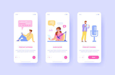 Fototapete - Podcast onboarding. Broadcast mobile app phone screen ui design, people listen or record music radio, audio vlogger speech listeners concept, player interface vector illustration