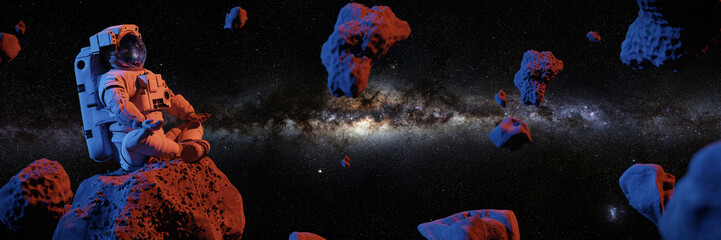 Wall Mural - astronaut meditating on asteroid, background banner with empty space