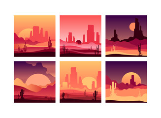 Sticker - Sunset in Desert with Red Sun and Sandy Dunes with Cactus Vector Set