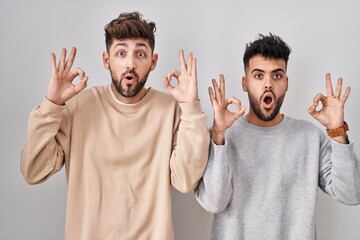 Wall Mural - Young homosexual couple standing over white background looking surprised and shocked doing ok approval symbol with fingers. crazy expression