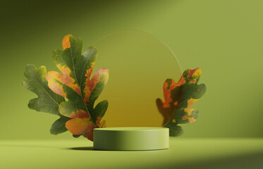 Sticker - 3D background. Green Podium display, orange autumn dry leaf. Cosmetic, beauty product promotion. Natural shadow Fall pedestal. Yellow glass circle showcase. Abstract minimal  3D render text mockup