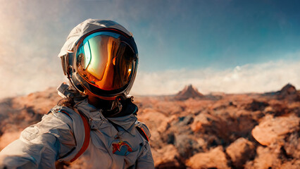 Wall Mural - illustration of astronaut taking selfie in the outer space and planet earth on background. ai genera