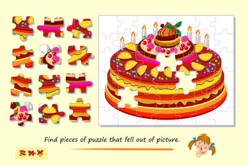 Wall Mural - Logic game for children and adults. Find pieces of puzzle that fell out of picture. Page for kids brain teaser book. Task for attentiveness. Developing spatial thinking. Play online. Vector image.