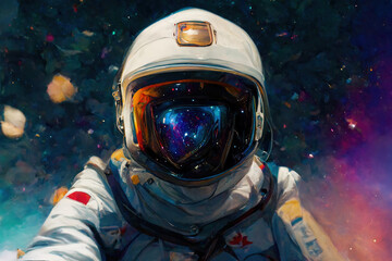 Wall Mural - illustration of astronaut taking selfie in the outer space and planet earth on background. ai genera