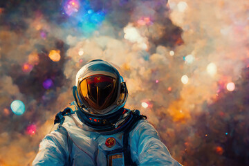 Wall Mural - illustration of astronaut taking selfie in the outer space and planet earth on background. ai genera