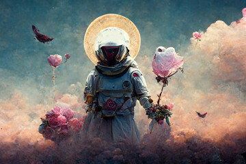 Wall Mural - beautiful painting of an astronaut in in a field of flowers on a different planet. ai generated digi