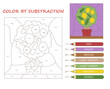 © Mental Health - Educational game for kids. Linear sketch with beautiful lemon tree or bush and math. Color area by subtraction. Design element for learning preschoolers. Cartoon modern flat vector illustration