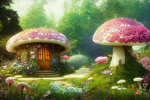 Children Digital Illustration, Magic Elven House With Fairy Tale Mushrooms And Flowers, Fairyland Wallpaper, Printable Beautiful Painting. AI Created A Digital Art Illustration