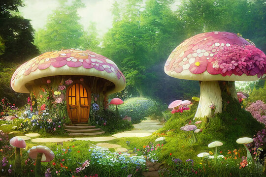 children digital illustration, magic elven house with fairy tale mushrooms and flowers, fairyland wa