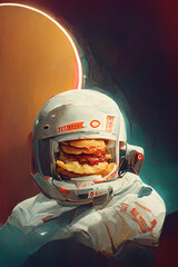 Wall Mural - burger dressed as an astronaut in outer space. comedy analogy for fast food ads. ai created a digita
