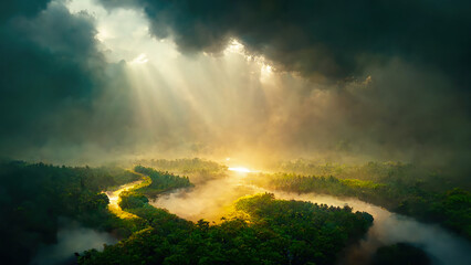 Forest illustration background aerial view digital art landscape environment
nature trees artwork river canal stream sun rays clouds 