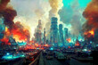 Destroyed buildings of the metropolis stand in smoke, artwork, wallpaper. AI created a digital art illustration